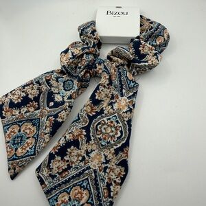 Elegant Floral Hair Scarf - Navy and Tan
